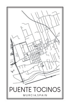 Hand drawn printable downtown road map poster of district PUENTE TOCINOS of the Spanish city of MURCIA on solid white background with city name