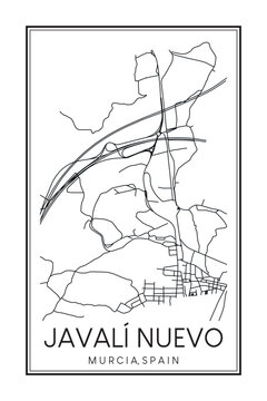 Hand drawn printable downtown road map poster of district JAVALÍ NUEVO of the Spanish city of MURCIA on solid white background with city name
