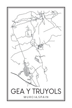 Hand drawn printable downtown road map poster of district GEA Y TRUYOLS of the Spanish city of MURCIA on solid white background with city name