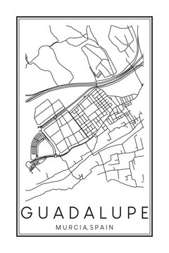 Hand drawn printable downtown road map poster of district GUADALUPE of the Spanish city of MURCIA on solid white background with city name