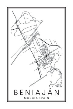 Hand drawn printable downtown road map poster of district BENIAJÁN of the Spanish city of MURCIA on solid white background with city name