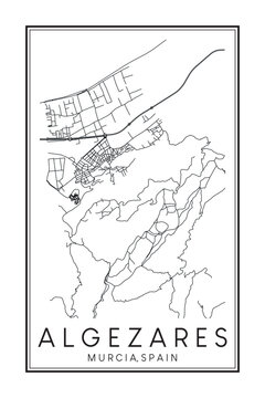 Hand drawn printable downtown road map poster of district ALGEZARES of the Spanish city of MURCIA on solid white background with city name