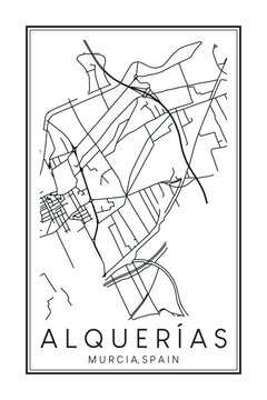 Hand drawn printable downtown road map poster of district ALQUERÍAS of the Spanish city of MURCIA on solid white background with city name