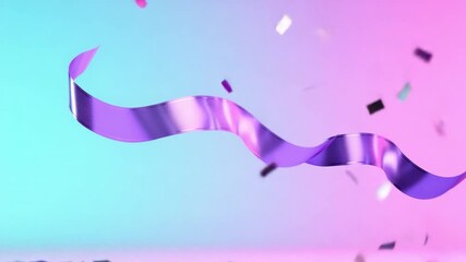 Poster - Floating Ribbon Celebration: A dynamic display of elegance with a floating ribbon, captured in mid-air amidst falling confetti on a vibrant, gradient backdrop