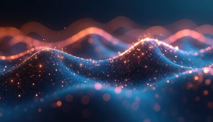 Poster - Dynamic digital wave pattern with glowing nodes, data flow visualization. Futuristic tech concept, vibrant blue and orange colors. AI generative illustration for tech, science, network, innovation.