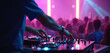 © miss irine - DJ plays music set at nightclub for audience. Musician performs live on stage at party. People enjoy exciting show. Nightlife, clubbing, entertainment, music festival concept.