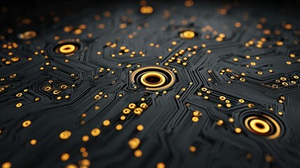 Gold engraved circuit pattern macro detail black background electronic component technology abstract modern futuristic intricate closeup