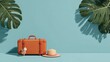 © LightCraft - Orange suitcase straw hat tropical leaf blue background travel vacation summer flat lay organized relaxation adventure minimal style sunlight shadow floral accent holiday journey packing leisure