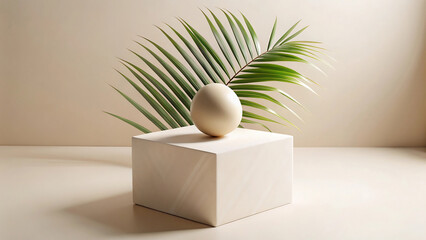 Poster - An egg on a white cube with a palm leaf against a neutral backdrop in a minimalist composition