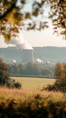 Poster - Aerial view of a nuclear power plant from a distance, suitable for use in illustrations about energy production or environmental concerns