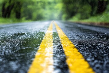 Poster - Wet road glistens under bokeh lights in the background near a forested area, wet road with bokeh light background
