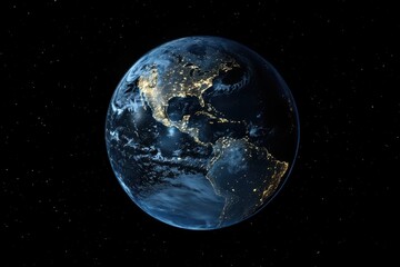 Poster - Satellite view of Earth illuminated at night showcasing urban areas and natural features, Satellite view of Earth at night