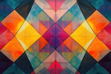 Poster - Colorful geometric pattern with vibrant triangles creating a dynamic visual experience, Geometric pattern with colorful triangles creating kaleidoscopic effect