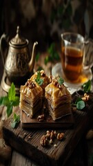 Poster - A wooden cutting board topped with assorted pastries served alongside a cup of tea
