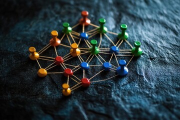 Poster - Connecting ideas with colorful pins and strings on a dark textured surface, Information of business from network Business growth Businessperson, arrows and network structure