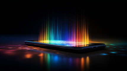 Poster - futuristic smartphone projecting multicolored light beams in a dark environment.