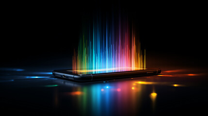 Poster - futuristic smartphone projecting multicolored light beams in a dark environment.