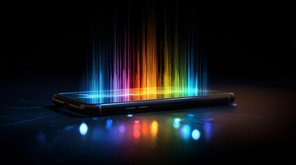 Poster - futuristic smartphone projecting multicolored light beams in a dark environment.