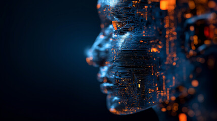 Poster - digital human face made of illuminated circuits and data fragments in dark background.