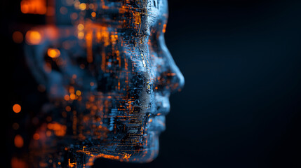Poster - digital human face made of illuminated circuits and data fragments in dark background.