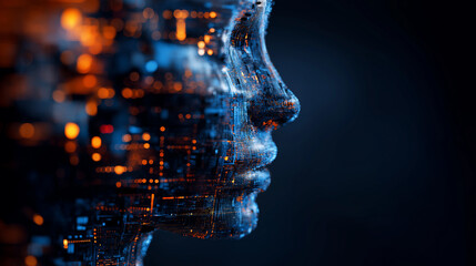 Poster - digital human face made of illuminated circuits and data fragments in dark background.