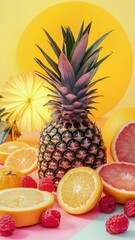 Poster - A colorful arrangement of pineapple, raspberries, and oranges on a table