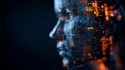 Poster - digital human face made of illuminated circuits and data fragments in dark background.