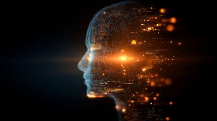 Poster - futuristic digital head in profile emitting light rays and data particles.