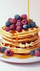 Poster - A plate of stacked waffles with syrup and fresh berries, perfect for breakfast or brunch