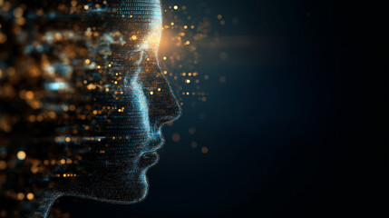 Poster - abstract digital human face in profile made of glowing particles and data fragments.