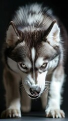 Poster - A close-up shot of a dog sitting on a table, looking directly at the camera