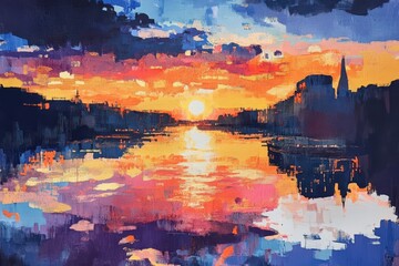 Poster - Reflective sunset showcases vibrant colors over the Seine River in Paris during evening hours, Reflective Sunset by the Seine
