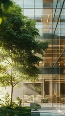 Poster - A modern glass building with a tree in the foreground, suitable for architectural or design-related uses