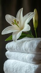 Poster - Stack of white towels with a single flower on top