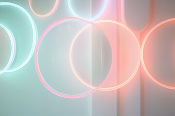 Poster - Neon circles dance over white shapes in a captivating, modern visual display, neon circle over white shapes moving