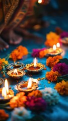Aufkleber - A woman lights candles surrounded by a circle of flowers, perfect for use in meditation or spiritual settings