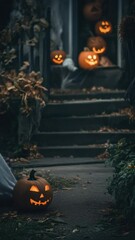 Aufkleber - A ghost sits in front of a house with carved pumpkins, perfect for Halloween or autumn themed scenes