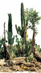Poster - Desert landscape featuring multiple cacti species on top of a rocky outcropping