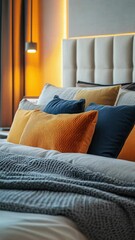 Aufkleber - A bed covered with multiple pillows, ideal for decoration or display
