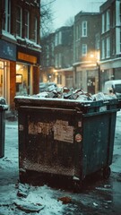 Poster - A dumpster sitting on the side of a street covered in snow