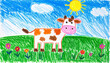 © hardvicore - Colorful childish pencil drawing of funny cow in green field, blue sky. Cute farm animal. Hand drawn