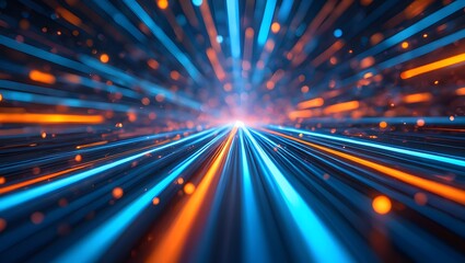 Futuristic digital illustration featuring blue, orange neon high-speed technology concept. Dynamic motion graphics, abstract background of cyberspace connectivity. Modern tech interface, web design,