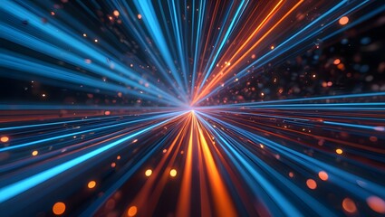 Futuristic digital illustration featuring blue, orange neon high-speed technology concept. Dynamic motion graphics, abstract background of cyberspace connectivity. Modern tech interface, web design,