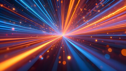 Futuristic digital illustration featuring blue, orange neon high-speed technology concept. Dynamic motion graphics, abstract background of cyberspace connectivity. Modern tech interface, web design,
