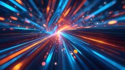 Futuristic digital illustration featuring blue, orange neon high-speed technology concept. Dynamic motion graphics, abstract background of cyberspace connectivity. Modern tech interface, web design,