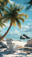 Fototapete - A single white chair sits atop a sandy beach, perfect for relaxing and soaking up the sun