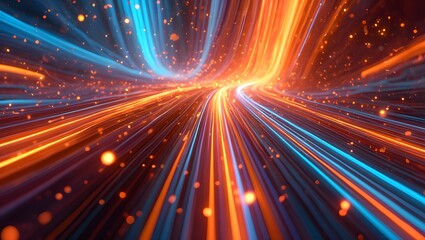 Futuristic digital illustration featuring blue, orange neon high-speed technology concept. Dynamic motion graphics, abstract background of cyberspace connectivity. Modern tech interface, web design,