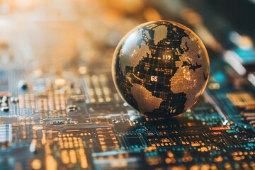 Poster - Spinning globe over computer circuit board with binary coding representing global connectivity, spinning globe over computing board and binary coding