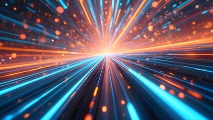 Futuristic digital illustration featuring blue, orange neon high-speed technology concept. Dynamic motion graphics, abstract background of cyberspace connectivity. Modern tech interface, web design,