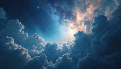 Poster - Illustration surreal cosmic panorama celestial bodies, glowing galaxies, nebula clouds, deep blue sky above fluffy white clouds. Artistic representation universe exploration, space travel, fantasy